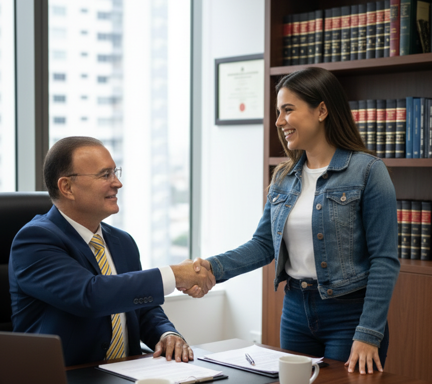 Albert Quirantes reunido con su clienta de audiencia de fianza en Miami.