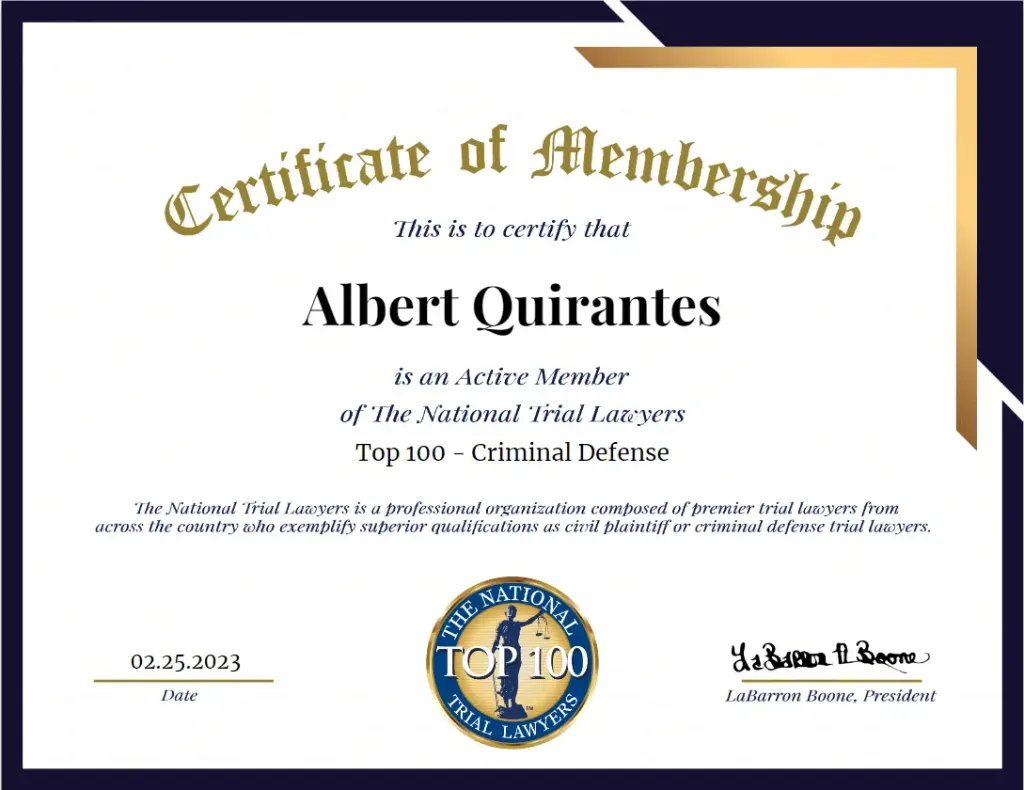 Certificado de premio – Abogado de audiencias de fianza en Miami, Albert Quirantes.